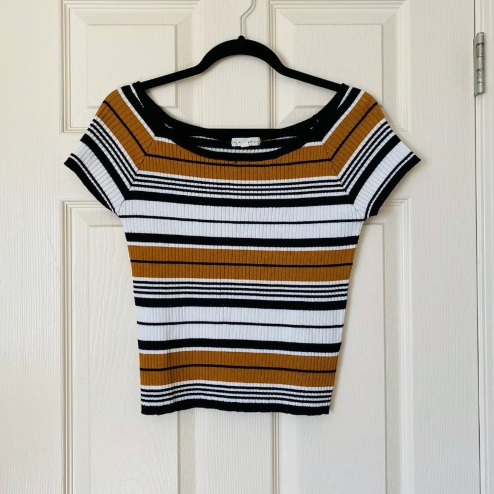 Tan Brown Black White Striped Top Size L - EUC